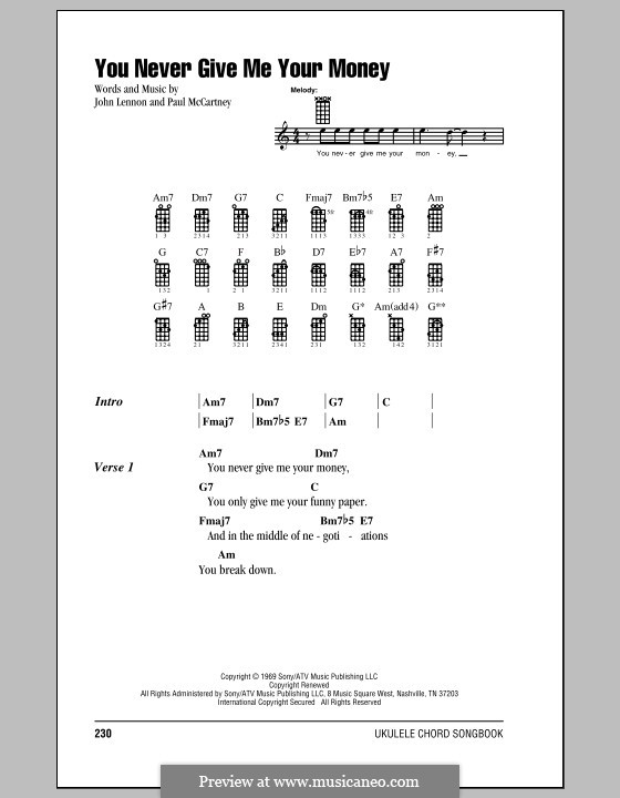 You Never Give Me Your Money (The Beatles): For ukulele by John Lennon, Paul McCartney