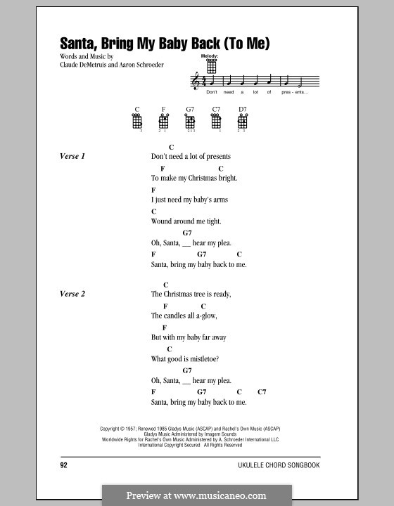 Santa, Bring My Baby Back (To Me): For ukulele by Aaron Schroeder, Claude DeMetrius