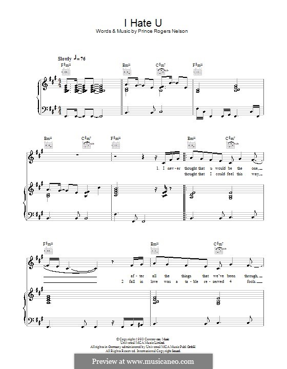 I Hate U: For voice and piano (or guitar) by Prince
