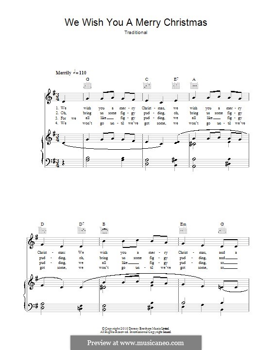 We Wish You a Merry Christmas (Printable Scores): For voice and piano (or guitar) by folklore