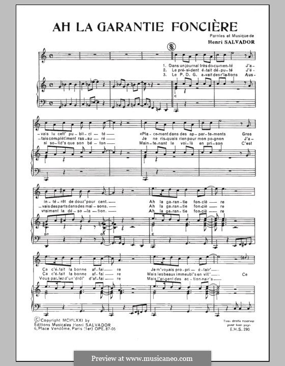 Ah! La Garantie Fonciere: For voice and piano (or guitar) by Henri Salvador
