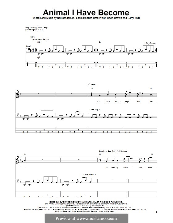 Animal I Have Become (Three Days Grace): For bass guitar with tab by Adam Gontier, Barry Stock, Brad Walst, Gavin Brown, Neil Sanderson