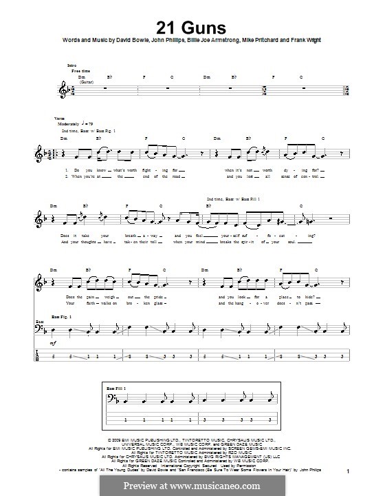 21 Guns (Green Day): For bass guitar with tab by Billie Joe Armstrong, David Bowie, Tré Cool, John Phillips, Michael Pritchard