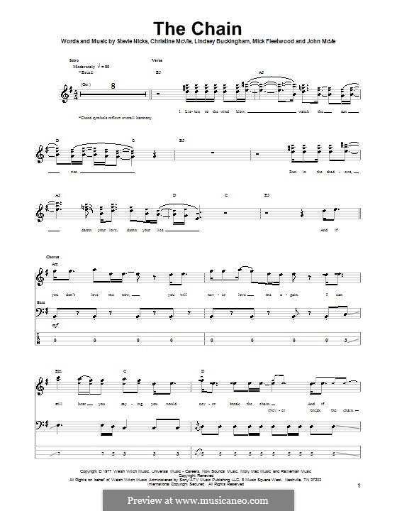 The Chain (Fleetwood Mac): For bass guitar with tab by Christine McVie, John McVie, Lindsey Buckingham, Mick Fleetwood, Stevie Nicks