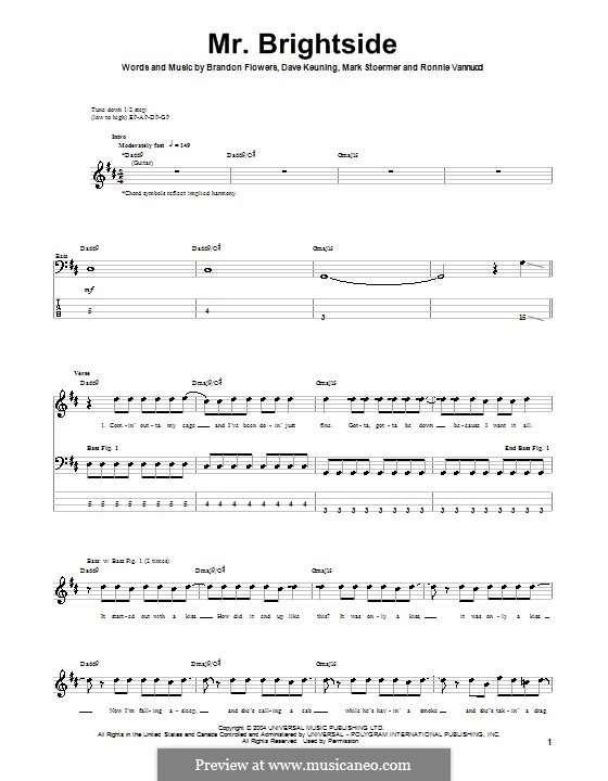 Mr. Brightside (The Killers): For bass guitar with tab by Brandon Flowers, Dave Keuning, Mark Stoermer, Ronnie Vannucci