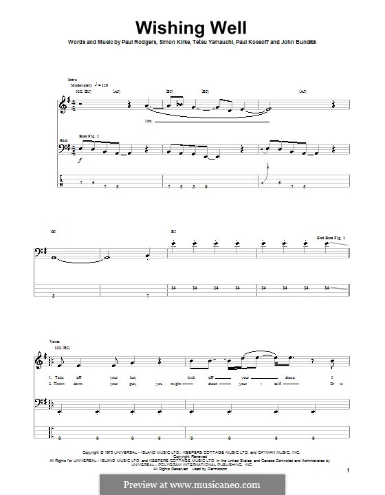 Wishing Well (Free): For bass guitar with tab by John Bundrick, Paul Kossoff, Paul Rodgers, Simon Kirke, Tetsu Yamauchi