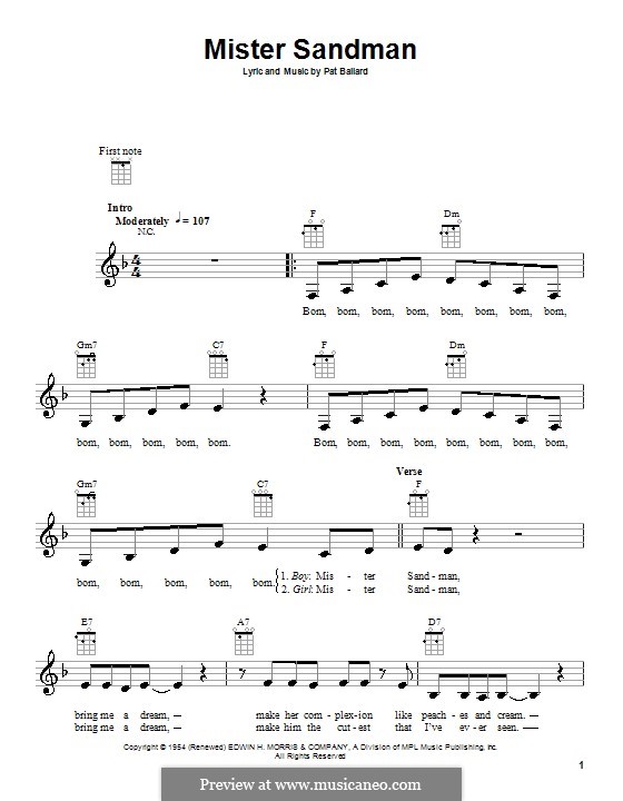 Mister Sandman (The Chordettes): For ukulele by Pat Ballard