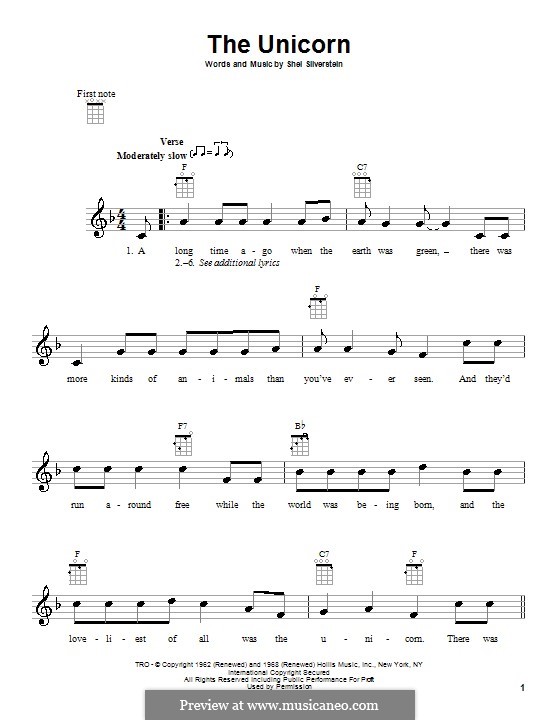 The Unicorn by S. Silverstein sheet music on MusicaNeo