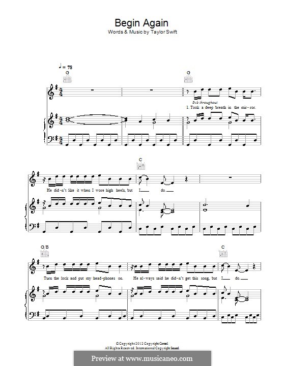Begin Again by T. Swift - sheet music on MusicaNeo