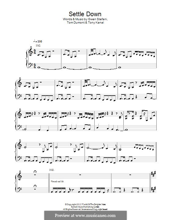 Settle Down (No Doubt): For voice and piano (or guitar) by Gwen Stefani, Thomas Dumont, Tony Kanal