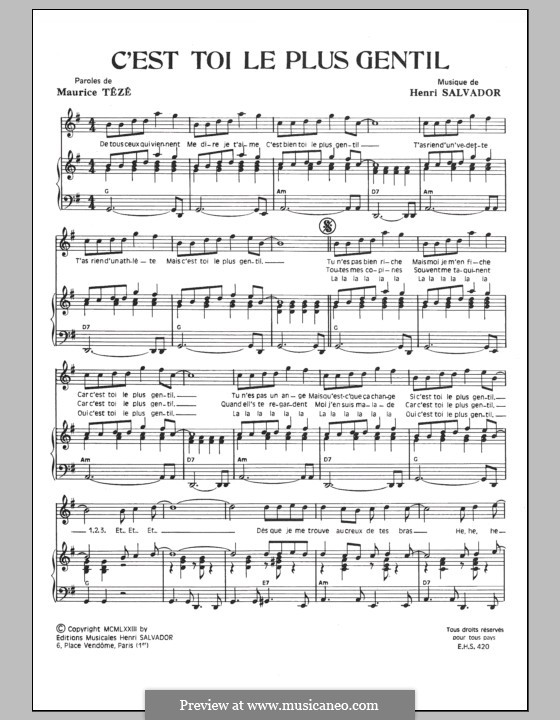 C'est Toi le Plus Gentil: For voice and piano by Henri Salvador