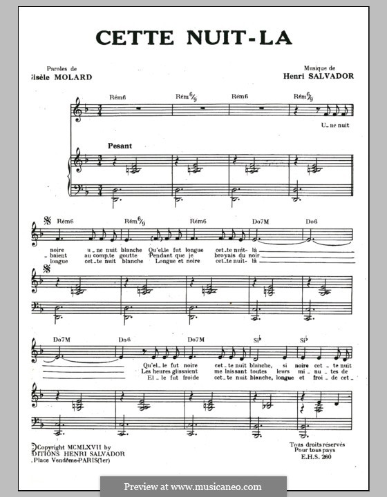 Cette Nuit La by H. Salvador sheet music on MusicaNeo