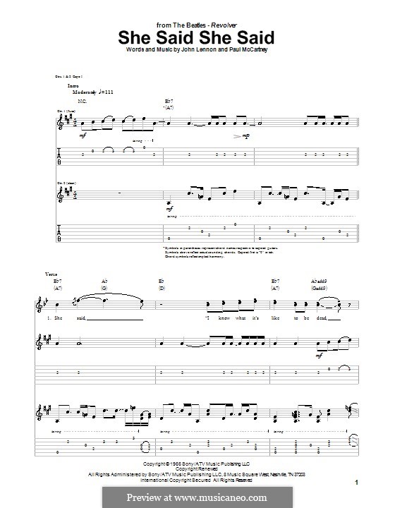 She Said She Said (The Beatles): For guitar with tab by John Lennon, Paul McCartney