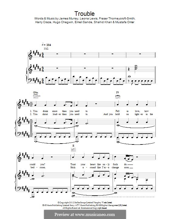 Trouble: For voice and piano (or guitar) by James R. Murray, Emeli Sandé, Fraser T. Smith, Harry Craze, Hugo Chegwin, Leona Lewis, Shahid Khan, Mustafa Omar