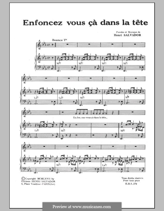 Enfoncez Vous Ca Dans La Tete: For voice and piano by Henri Salvador