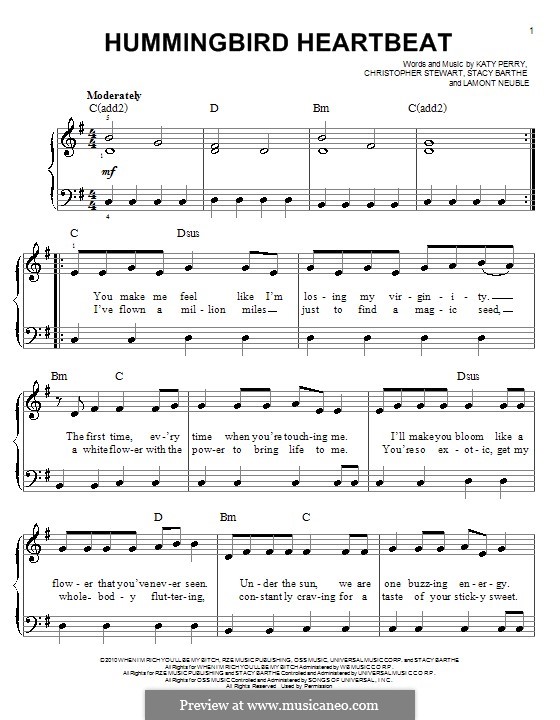 Hummingbird Heartbeat: For piano by Tricky Stewart , Katy Perry, Stacy Barthe, Lamont Neuble
