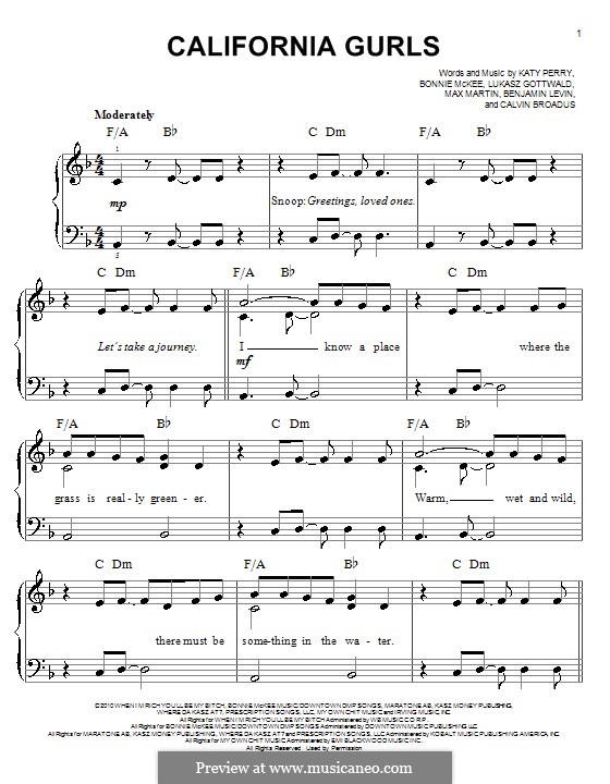California Gurls (Katy Perry feat. Snoop Dogg): For piano by Bonnie McKee, Cordozar Calvin Broadus, Katy Perry, Lukas Gottwald, Max Martin