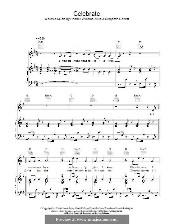 Celebrate: For voice and piano (or guitar) by Mika, Pharrell Williams, Benjamin Garrett
