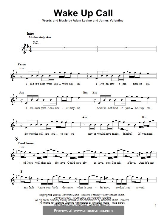 Wake Up Call (Maroon 5): For voice and piano (or guitar) by Adam Levine, James Valentine