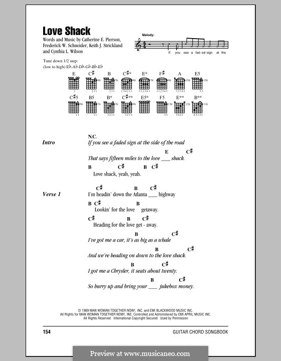 Love Shack (The B-52's): Lyrics and chords by Cynthia L. Wilson, Frederick W. Schneider, Kate Pierson, Keith J. Strickland