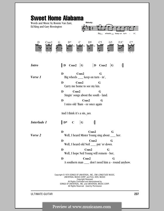 Sweet Home Alabama (Lynyrd Skynyrd): Lyrics and chords by Ed King, Gary Rossington, Ronnie Van Zant