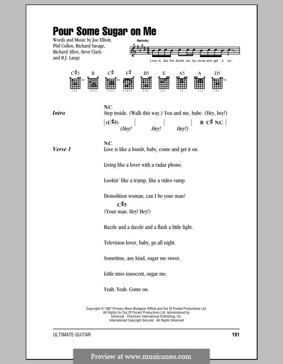 Pour Some Sugar on Me (Def Leppard): Lyrics and chords by Joe Elliott, Phil Collen, Richard Savage, Robert John Lange, Steve Clark