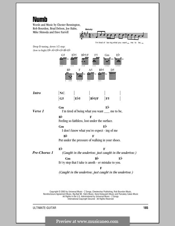 Numb (Linkin Park): Lyrics and chords by Brad Delson, Charles Bennington, David Farrell, Joseph Hahn, Mike Shinoda, Rob Bourdon