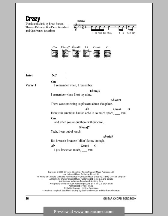 Crazy (Gnarls Barkley): Lyrics and chords by Brian Burton, Gian Piero Reverberi, Gianfranco Reverberi, Thomas Callaway
