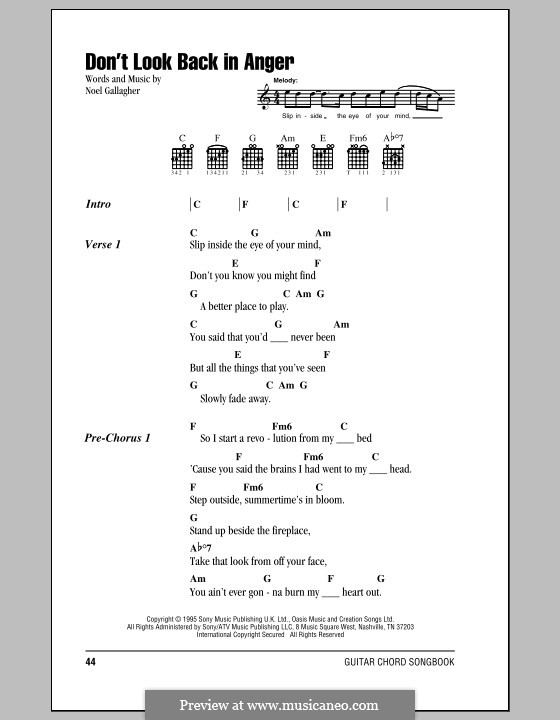 Don't Look Back in Anger (Oasis): Lyrics and chords by Noel Gallagher