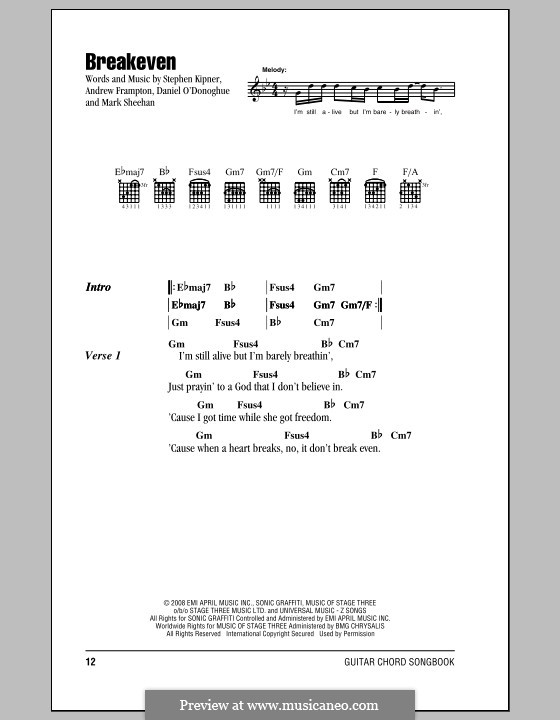 Breakeven (The Script): Lyrics and chords by Andrew Frampton, Danny O'Donoghue, Mark Sheehan, Stephen Alan Kipner