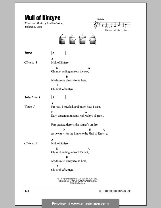 Mull of Kintyre (Wings): Lyrics and chords by Denny Laine, Paul McCartney