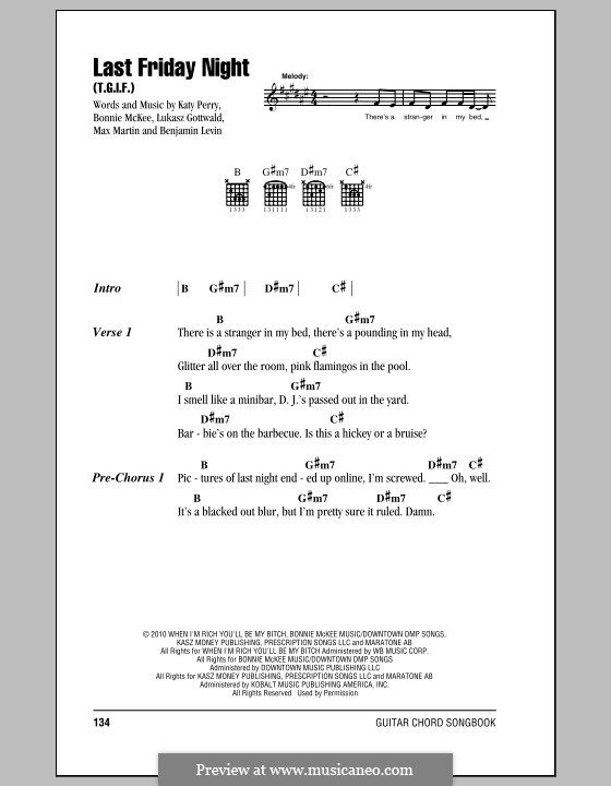 Last Friday Night (T.G.I.F.): Lyrics and chords by Bonnie McKee, Katy Perry, Lukas Gottwald, Max Martin