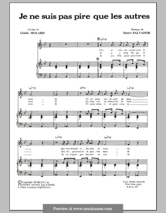 Je ne Suis Pas Pire Que les Autres: For voice and piano by Henri Salvador