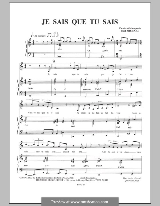 Je Sais Que tu Sais by P. Misraki - sheet music on MusicaNeo