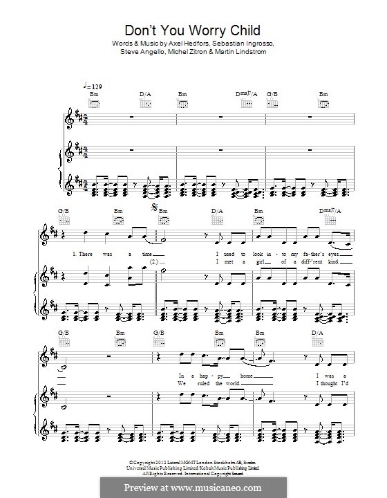 Don't You Worry Child (Swedish House Mafia): For voice and piano (or guitar) by Axel Hedfors, Martin Lindstrom, Michel Zitron, Sebastian Ingrosso, Steve Angello