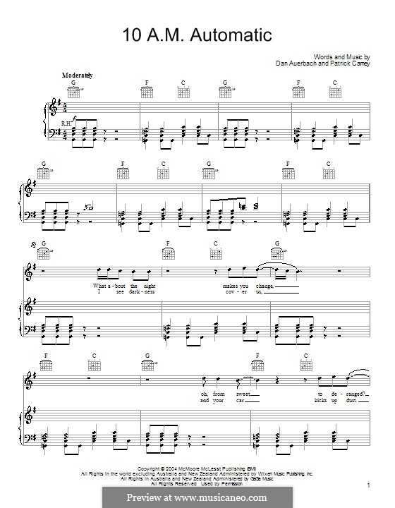 10 A.M. Automatic (The Black Keys): For voice and piano (or guitar) by Daniel Auerbach, Patrick Carney