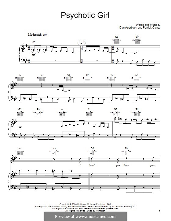 Psychotic Girl (The Black Keys): For voice and piano (or guitar) by Daniel Auerbach, Patrick Carney