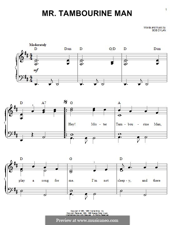 Mr. Tambourine Man: For piano (easy) by Bob Dylan