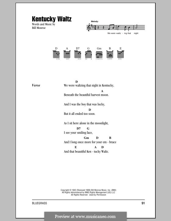 Kentucky Waltz: Lyrics and chords by Bill Monroe