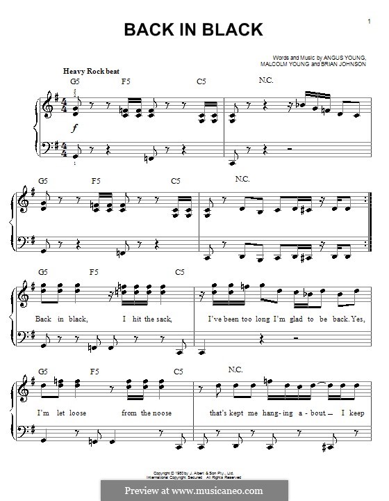 back in black ac dc by a young b johnson m young on musicaneo back in black piano sheet music