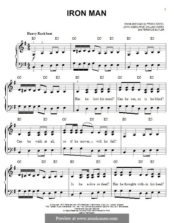 Iron Man (Black Sabbath): For piano by Geezer Butler, Ozzy Osbourne, Tony Iommi, Bill Ward