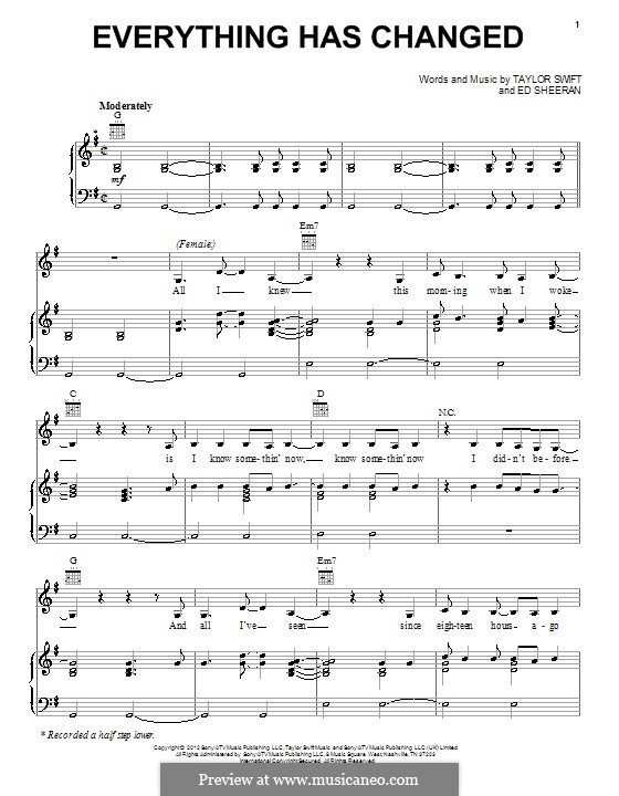Everything Has Changed (Taylor Swift): For voice and piano (or guitar) by Ed Sheeran