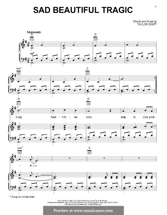 Sad Beautiful Tragic: For voice and piano (or guitar) by Taylor Swift