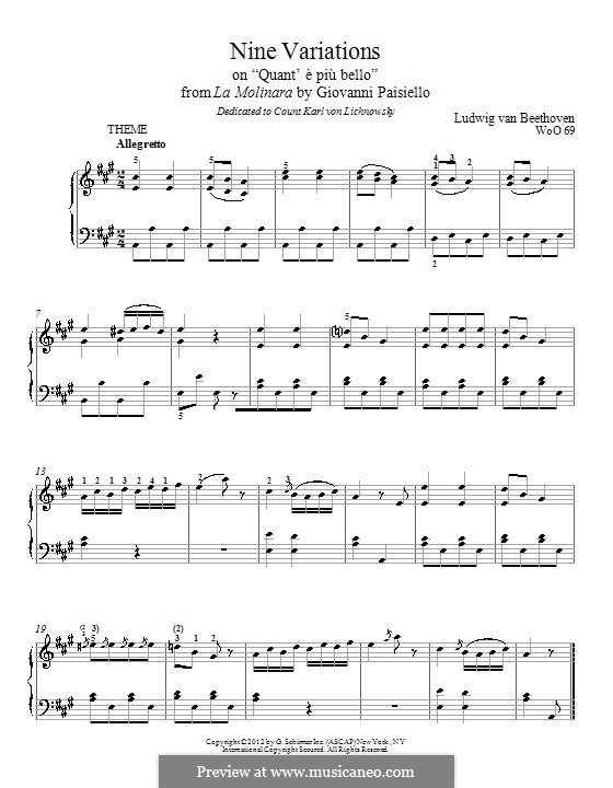 Nine Variations on Aria by Paisiello, WoO 69: For piano by Ludwig van Beethoven