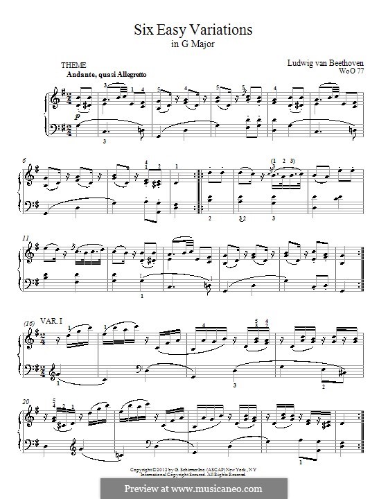 Six Variations on an Original Theme, WoO 77: For piano by Ludwig van Beethoven