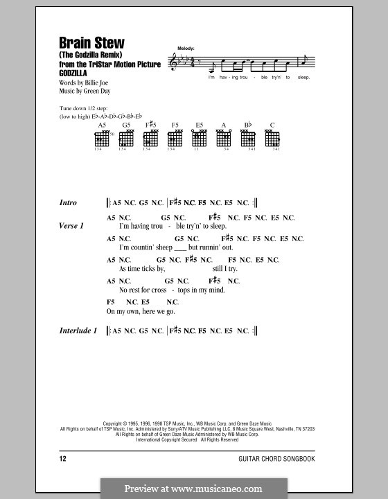 Brain Stew / The Godzilla Remix (Green Day): Lyrics and chords by Billie Joe Armstrong