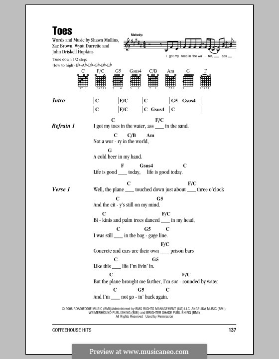 Toes (Zac Brown Band): Lyrics and chords by John Driskell Hopkins, Shawn Mullins, Wyatt Durrette, Zac Brown