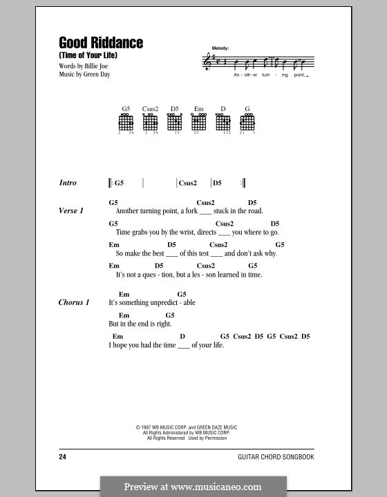Good Riddance (Time of Your Life): Lyrics and chords by Billie Joe Armstrong, Tré Cool, Michael Pritchard