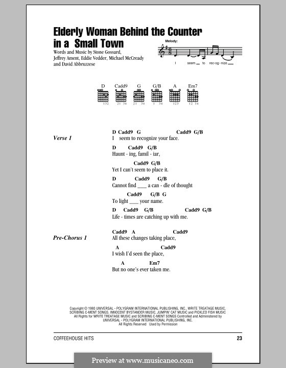 Elderly Woman Behind the Counter in a Small Town (Pearl Jam): Lyrics and chords by David Abbruzzese, Eddie Vedder, Jeff Ament, Mike McCready, Stone Gossard