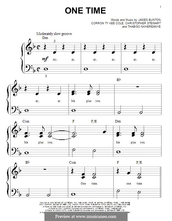 One Time (Justin Bieber): For piano by Tricky Stewart , Corron Ty Kee Cole, James Bunton, Thabiso Nkhereanye